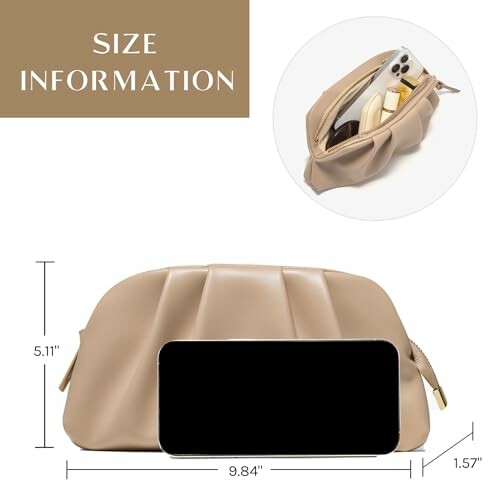 Beige clutch bag with size details and items inside.