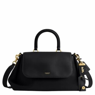 Black leather handbag with gold accents and shoulder strap