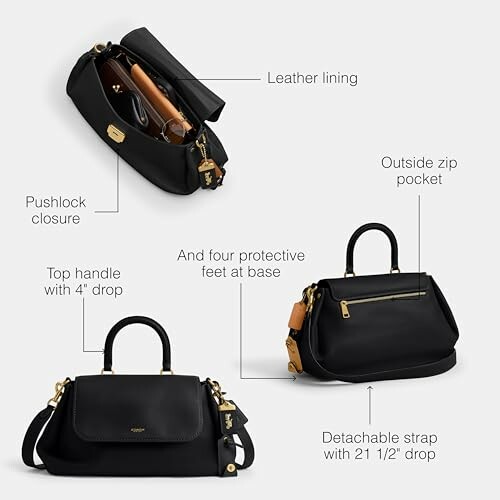 Black leather handbag with gold accents and multiple compartments.