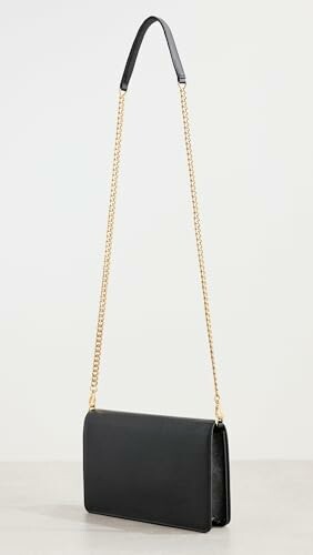 Black leather shoulder bag with gold chain strap.