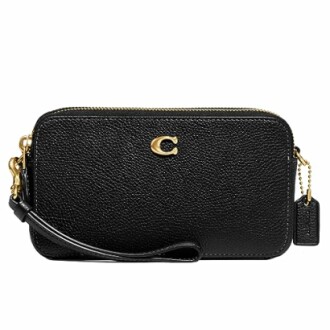 Black leather wristlet bag with gold accents