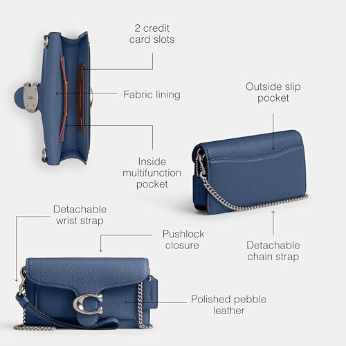 Blue leather crossbody bag with detachable straps and multiple pockets.