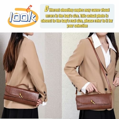 Person modeling a brown leather shoulder bag against a beige background.