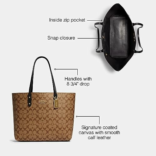 Brown Coach tote bag with inside zip pocket and snap closure.