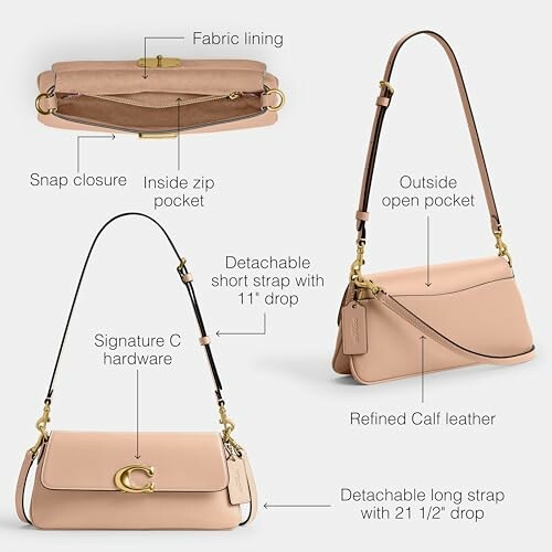 Coach handbags with details like fabric lining, snap closure, and detachable straps.
