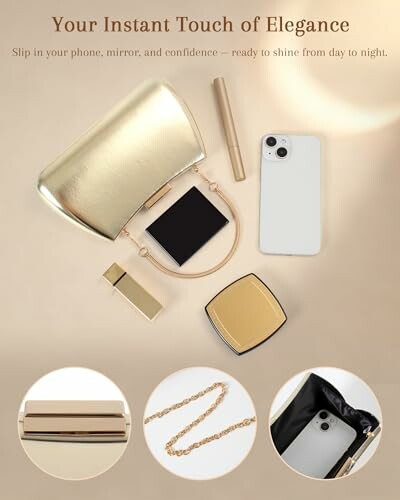 Elegant clutch with phone, mirror, lipstick, and accessories.