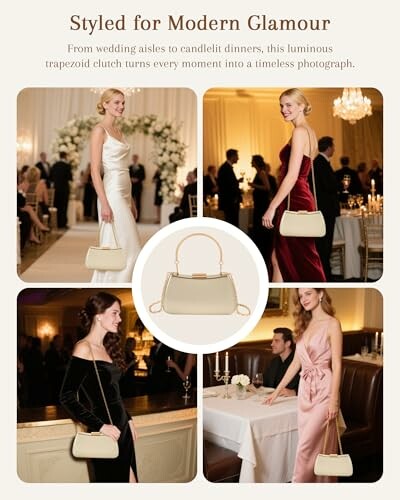 Elegant women in evening gowns with a trapezoid clutch bag at a formal event.