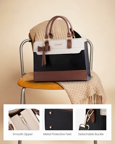 Stylish handbag on chair with close-ups of features.