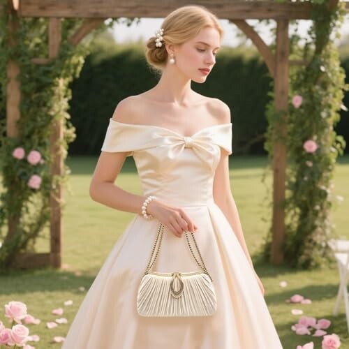 Elegant woman in off-shoulder dress holding a purse in a garden.