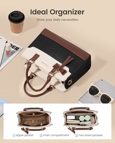 Handbag with compartments and daily essentials arranged neatly.