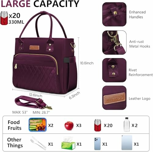 Large capacity purple tote bag with features and dimensions.