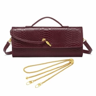 Burgundy clutch bag with textured pattern and gold chain