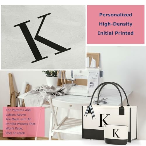Personalized tote bag and pouch with initial K on a sewing table.