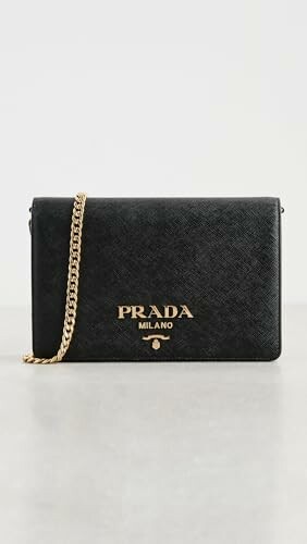 Black Prada wallet on chain with gold logo and chain strap.