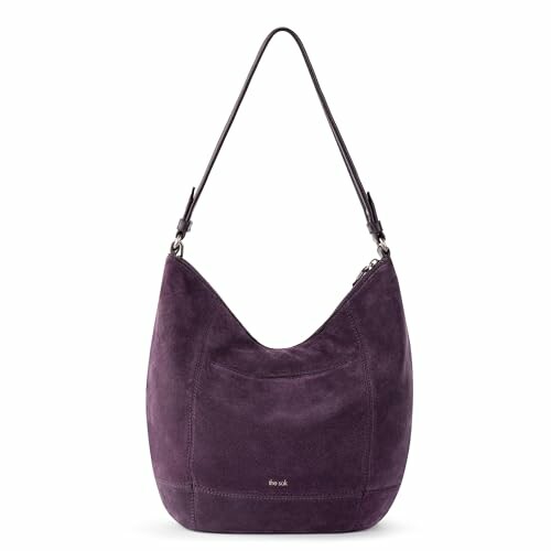 Purple suede hobo bag with shoulder strap.