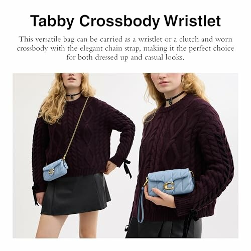 Two women with Tabby Crossbody Wristlet bags, wearing dark sweaters and skirts.