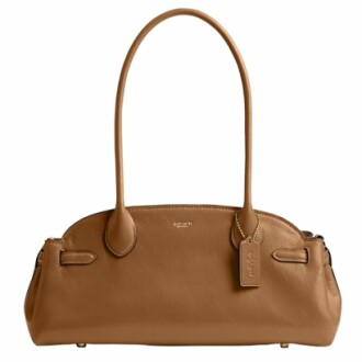 Tan leather handbag with long handles