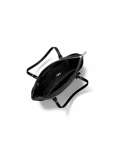 Top view of an open black handbag with interior zipper pocket.