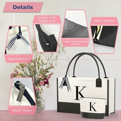 Tote bag with features like cotton core handle, sturdy bottom, elegant ribbon, and sturdy zipper.