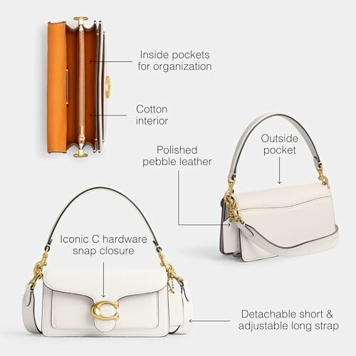 White leather handbag with pockets, cotton interior, iconic snap closure, and detachable strap.