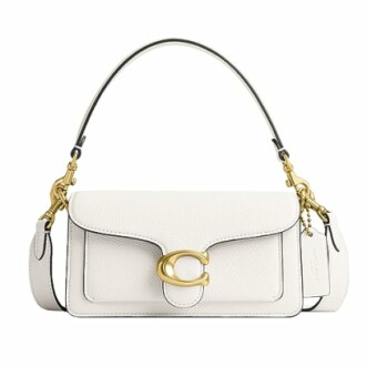 White leather handbag with gold clasp and shoulder strap.